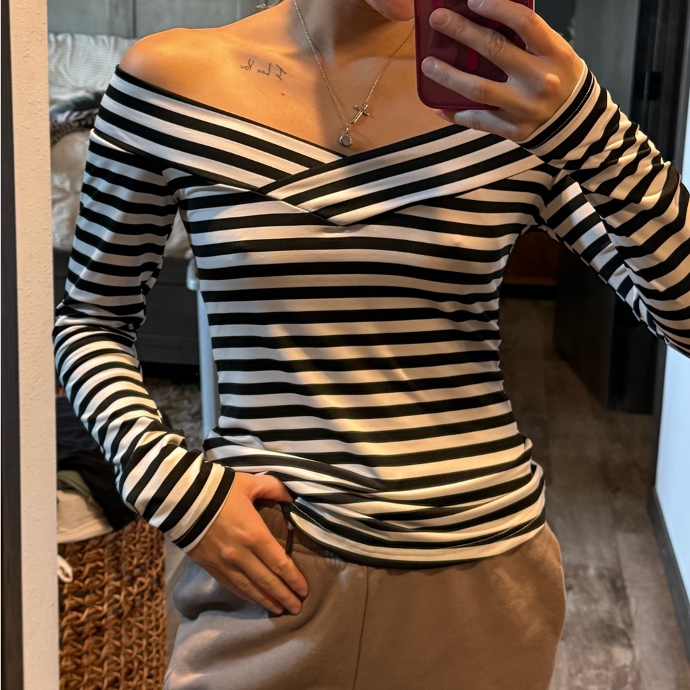 SHEIN Black & White Striped Off-Shoulder Top